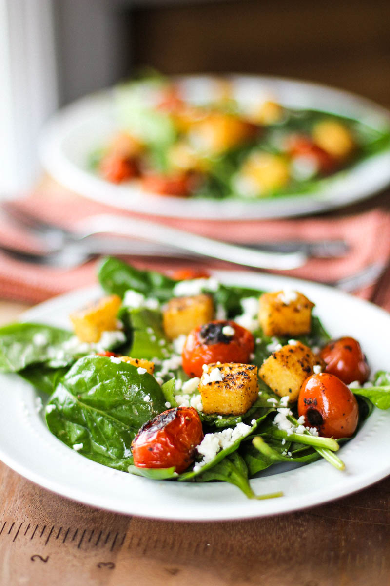 Burst Tomato and Spinach Salad with Polenta Croutons and Feta-11