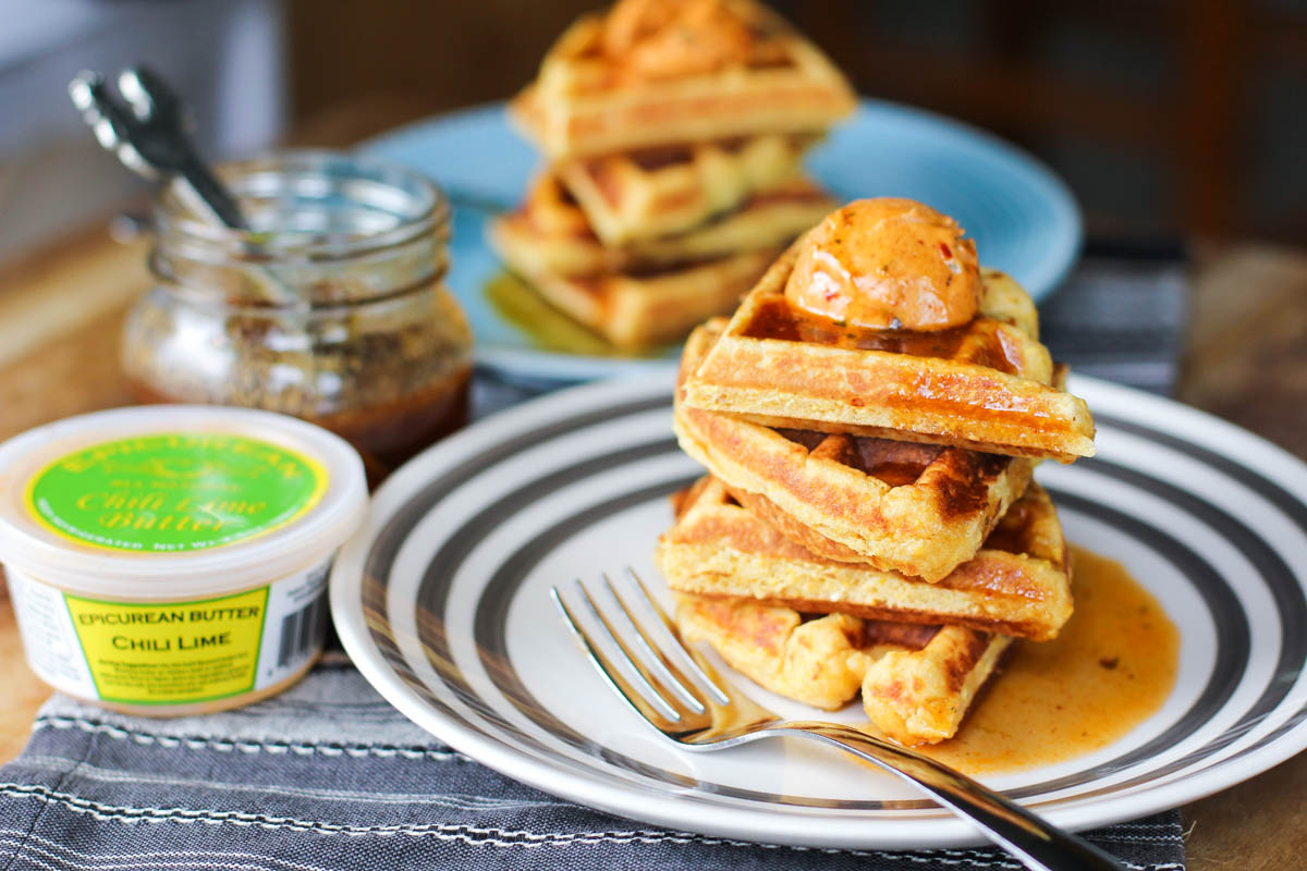 Sweet And Savory Cornbread Waffles With A Buttery Chili And Lime Syrup