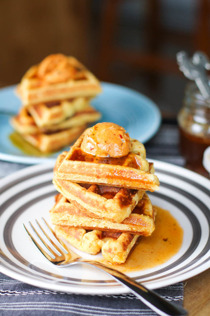 Sweet and Savory Cornbread Waffles with a Buttery Chili and Lime Syrup